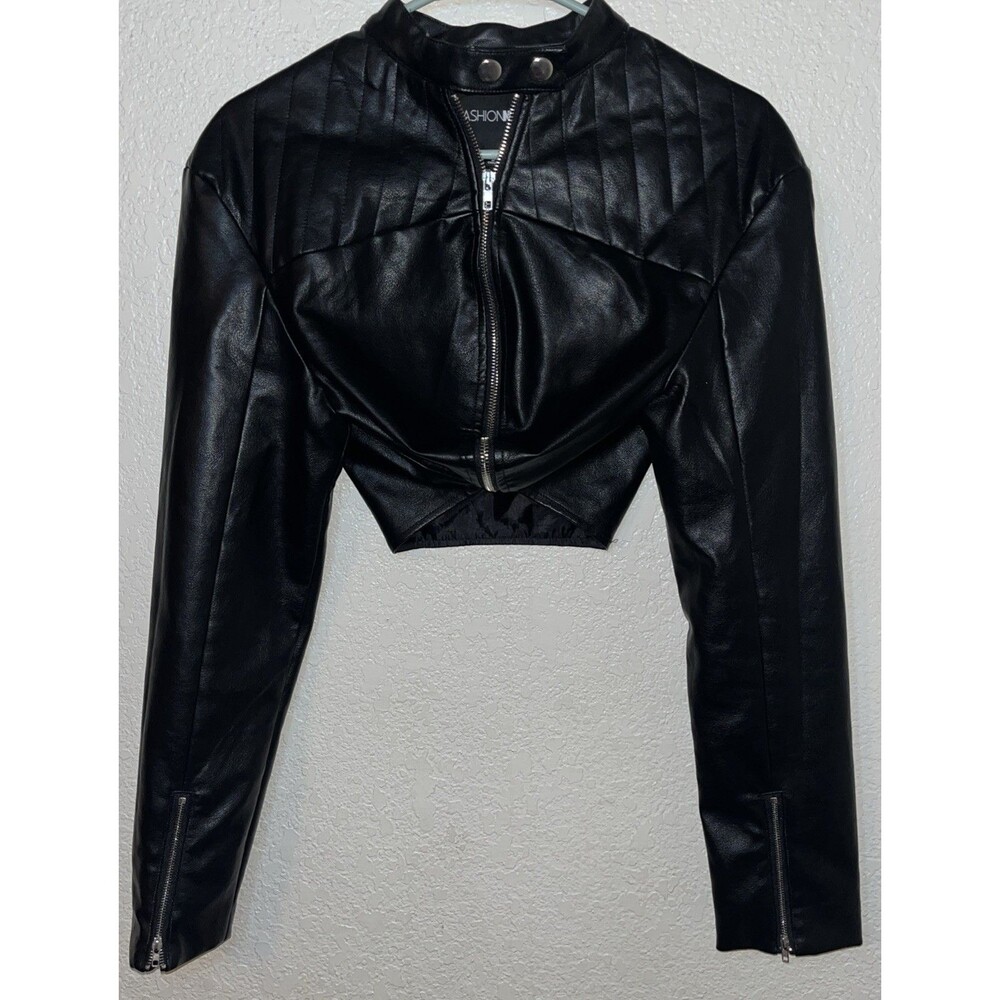 Fashion Nova Crop Faux Leather Jacket Woman Sz Med. Black